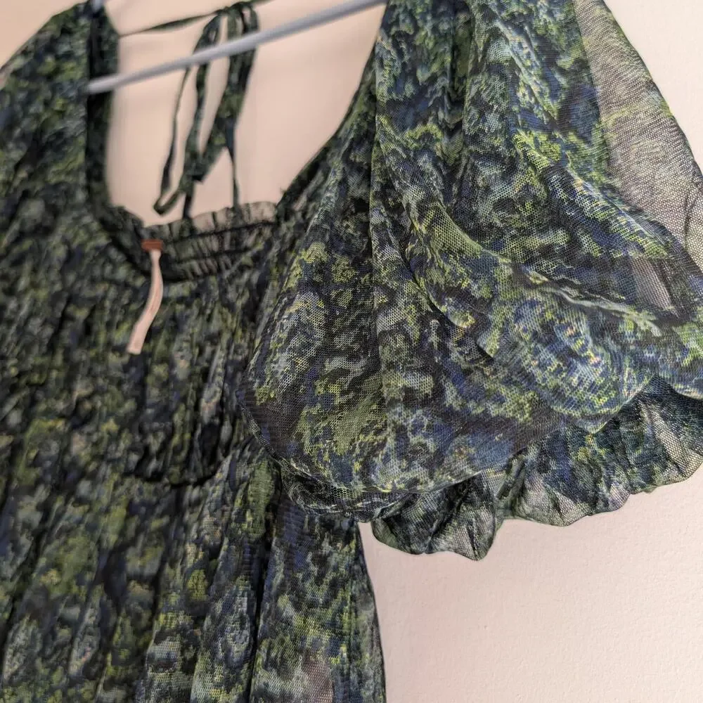 Free People Green Abstract Floral Mesh Puff Sleeve Smocked Babydoll Top S